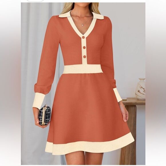 ZESICA Women's Spring Long Sleeve V Neck Sweater Dress Collar Ribbed Size Large - Picture 3 of 13